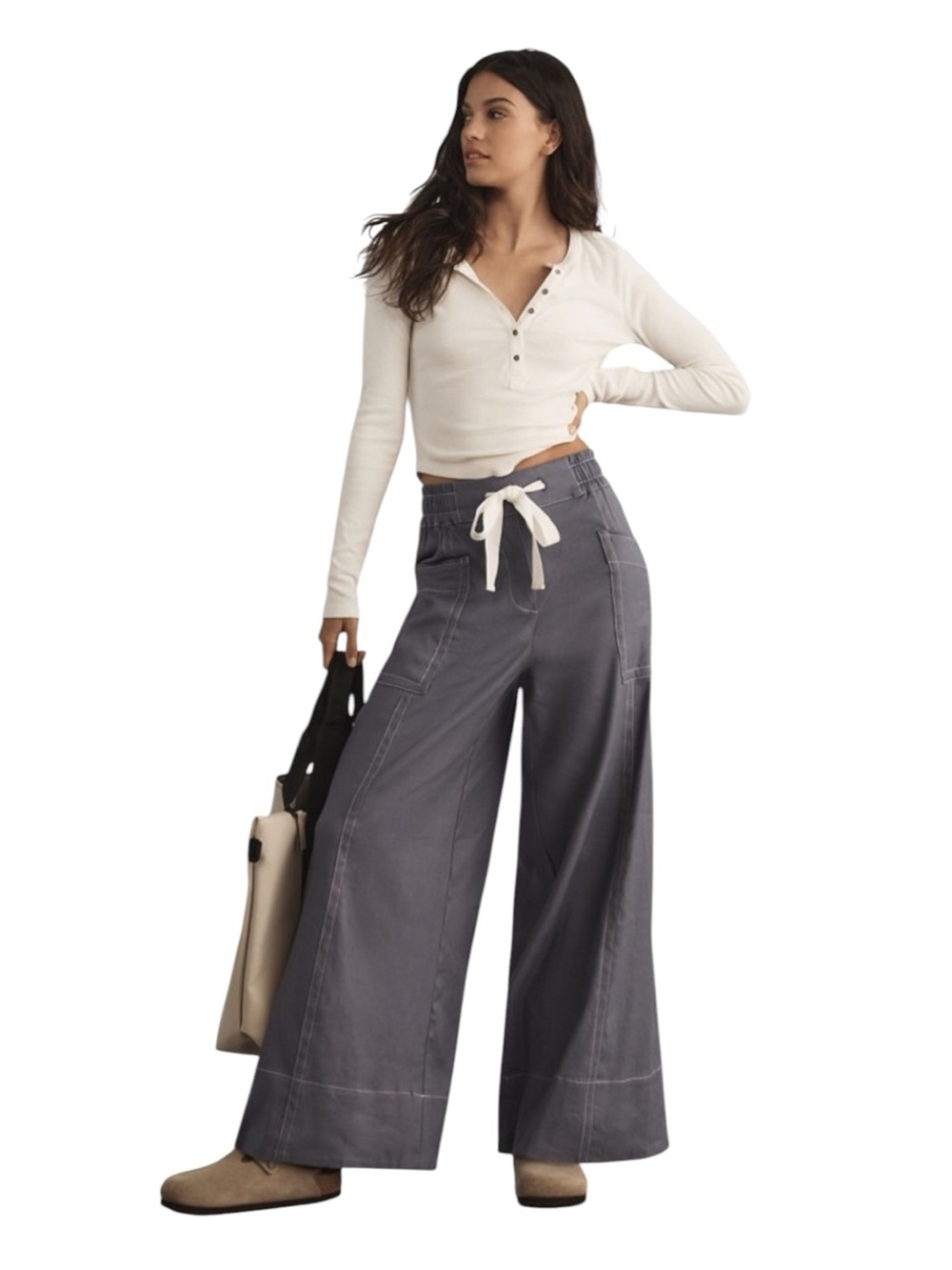 Maeve La Ponche Contrast Stitch Pull-On Pants Drawstring Waist Blue-Gray Small
